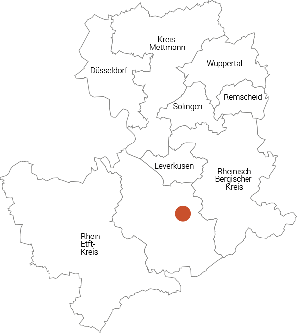 Karte von Köln, Leverkusen, Düsseldorf, Erftstadt, Brühl, Wuppertal, Remscheid, Solingen